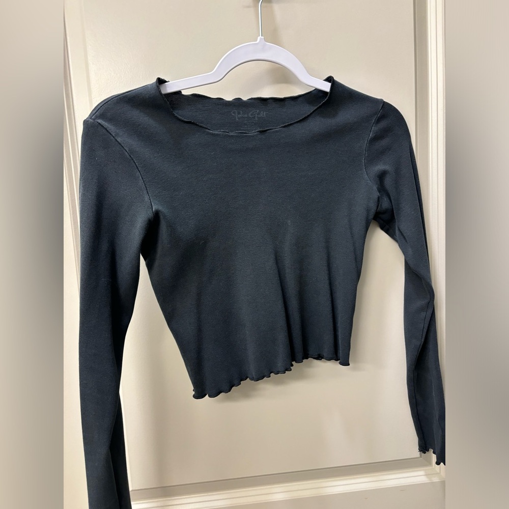 John Galt Black Cropped Shirt with Ruffle Details Size XS-M